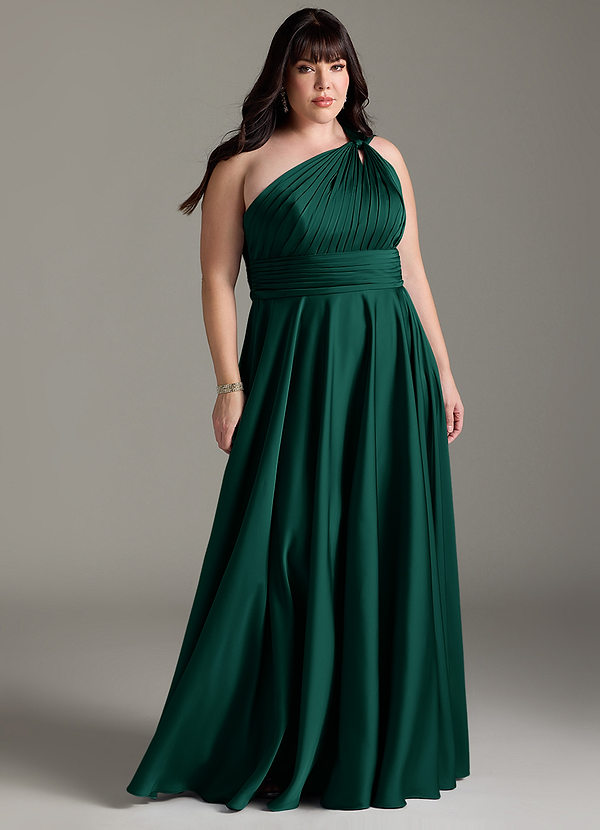 Azazie Charlize Bridesmaid Dresses Emerald A-Line One Shoulder Stretch Satin Dress image1