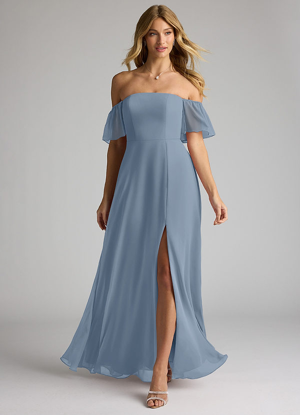 Azazie Sue Bridesmaid Dresses Dusty Blue A-Line Off the Shoulder Chiffon Convertible Dress image1
