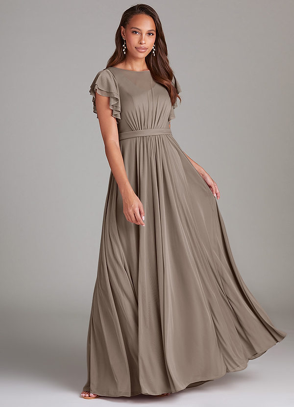 Azazie Daphne Modest Bridesmaid Dresses A-Line Ruched Mesh Floor-Length Dress image1