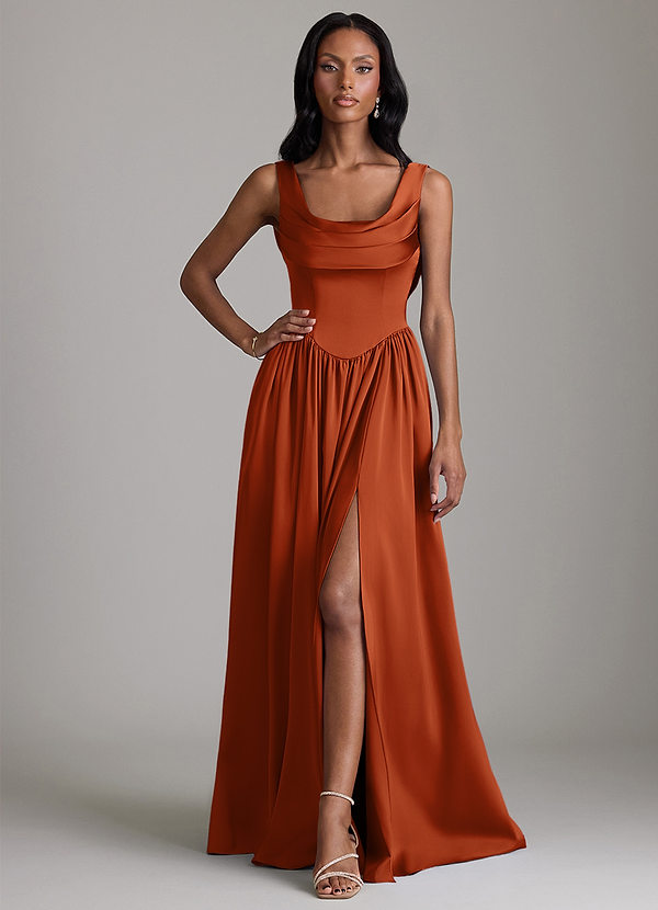Azazie Novi Bridesmaid Dresses Burnt Orange A-Line with Pockets Stretch Satin Dress image1