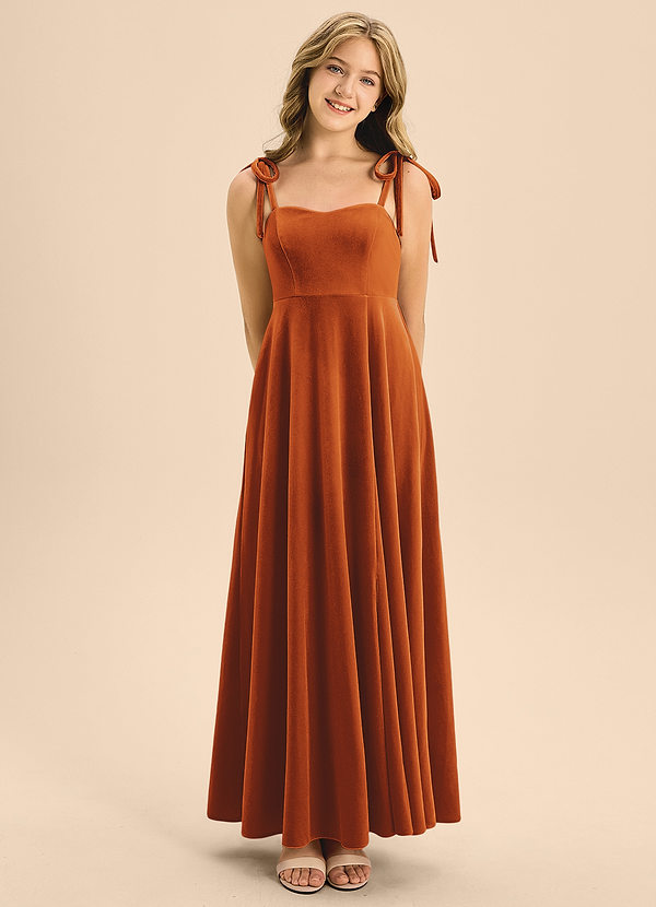 Azazie Rosey Junior Robe Trapèze en velours Encolure en Forme de Cœur Orange Brûlée image1