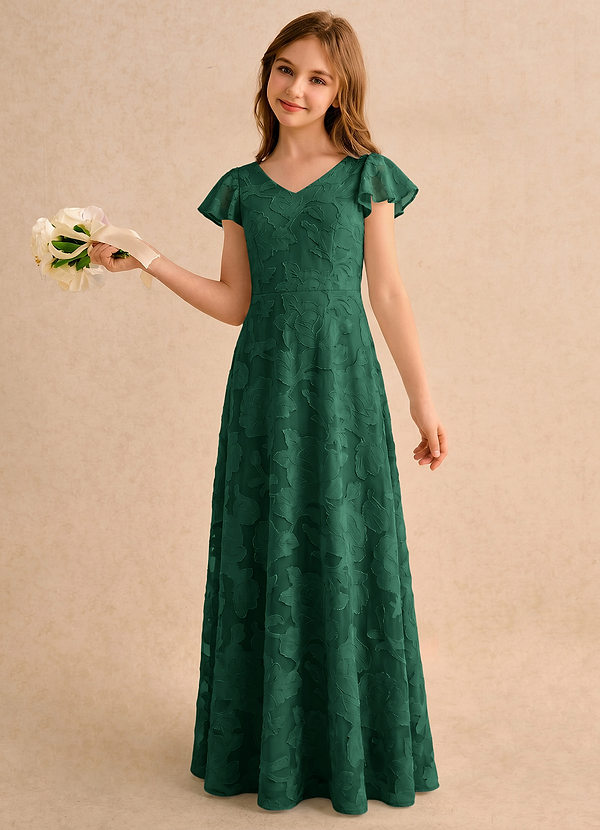 Azazie Narin Girls Formal Vestidos de arras Vestido Verde Oscuro de Devorado Floral de Línea A con con mangas image1