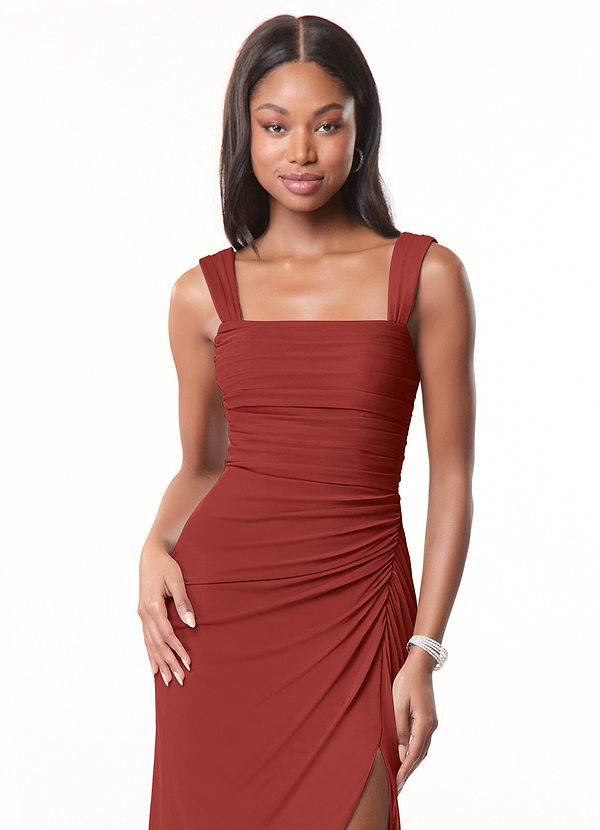 Azazie Jesaphine Bridesmaid Dresses Rust Sheath Ruched Mesh Dress image1
