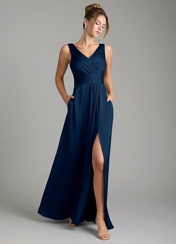 Azazie Karina Bridesmaid Dresses Dark Navy A-Line Pleated Stretch Satin Dress image1