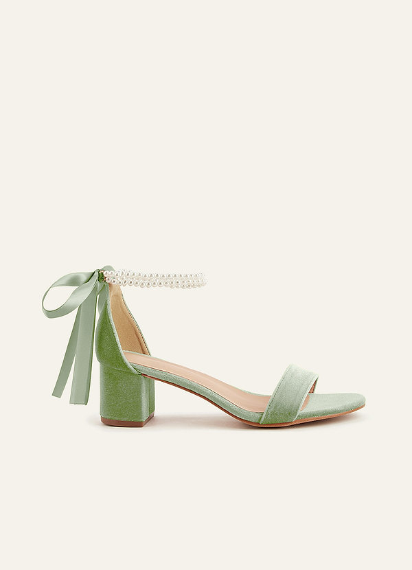 front Matching Color Velvet Pearl Strap Block Heel Sandals