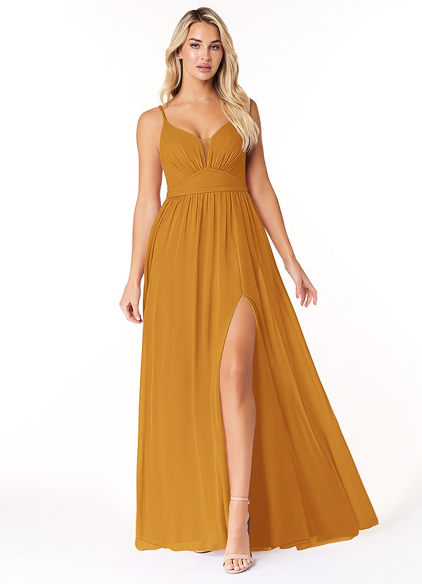 Azazie Rayna Bridesmaid Dresses Butterscotch A-Line V-Neck Pleated Chiffon Dress image1