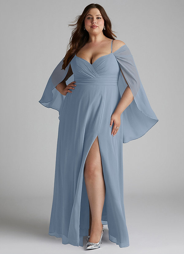Azazie Cienna Bridesmaid Dresses Dusty Blue A-Line Long Sleeve Chiffon Dress image1