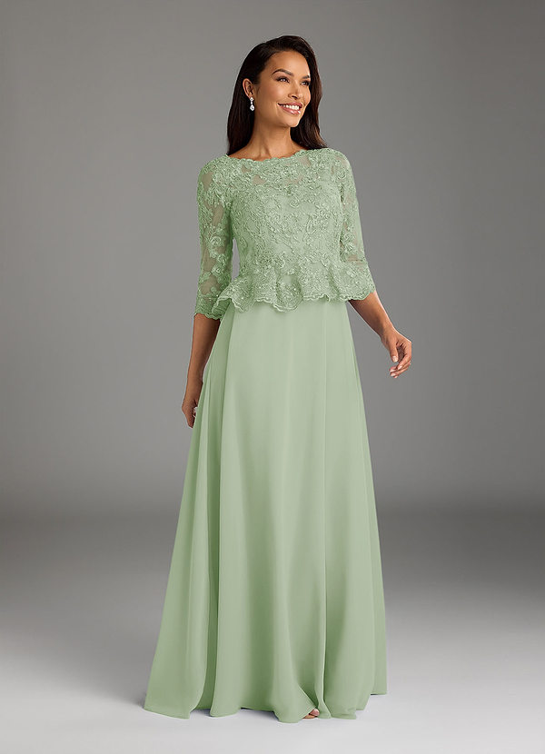 Azazie Averie Brautmutterkleider A-Linie Bootshals Pailletten Chiffon Kleid Staubiger Salbeigrün image1