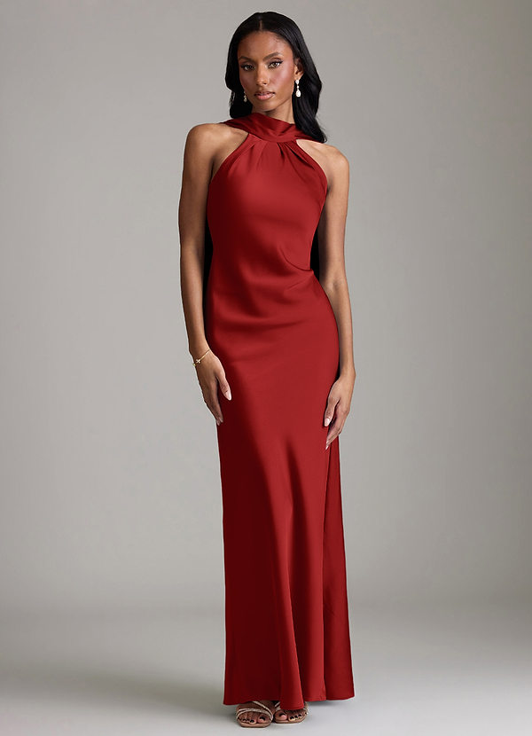 Azazie Cassiana Bruidsmeisjes Jurken Jurk van Stretch Satijn met Zeemeermin Geplooid Granaatappel image1