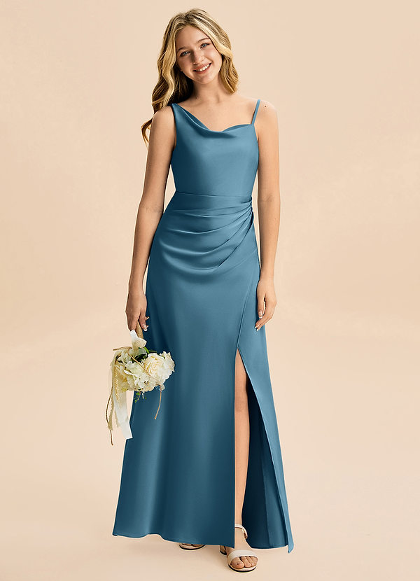 Azazie Abby Junior Robe Trapèze en Satin extensible Plissée Bermude image1