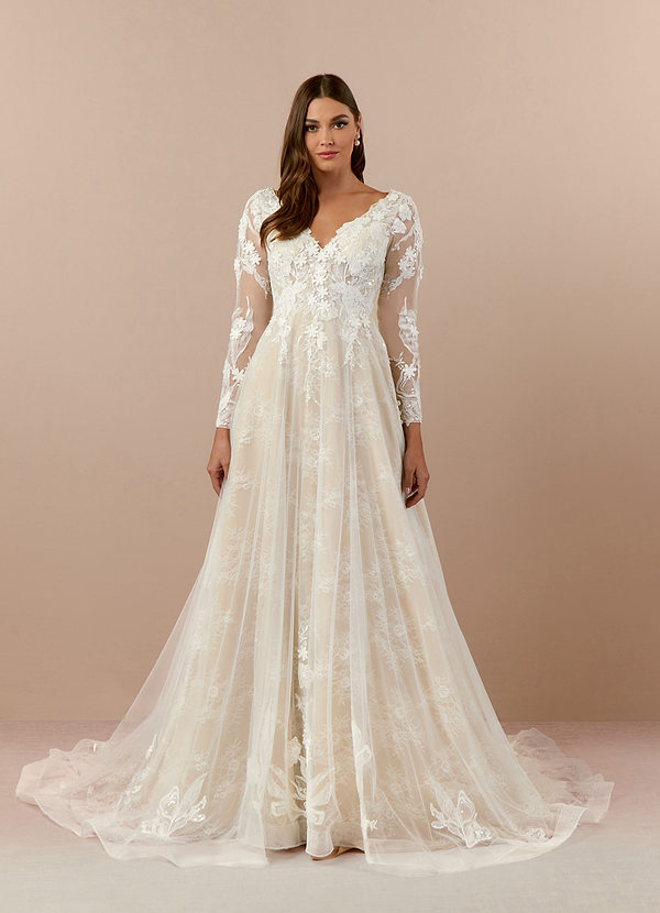 Azazie Leila Wedding Dresses A-Line V-Neck Sequins Tulle Cathedral Train Dress image1