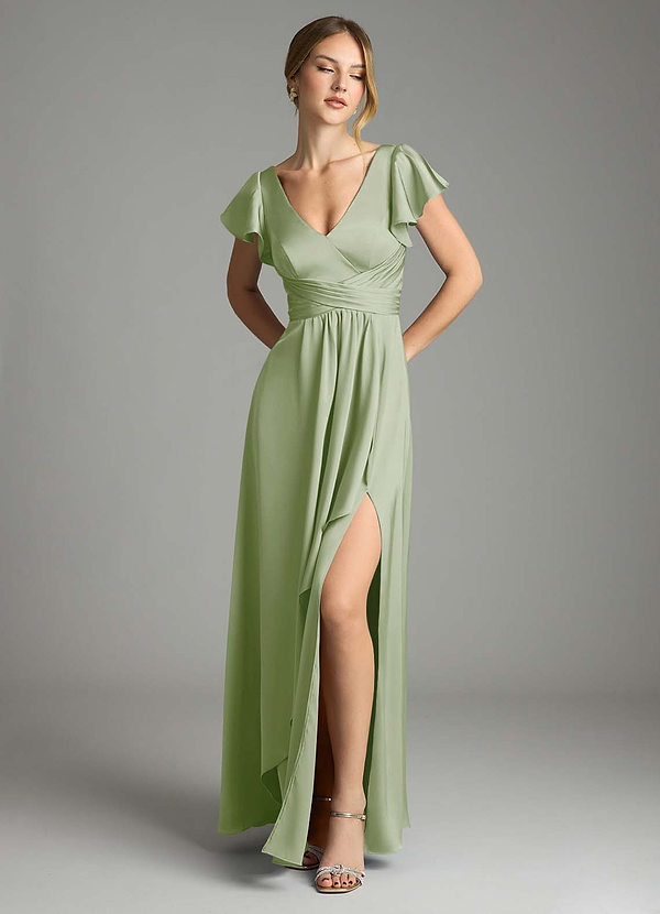 Azazie Omari Bruidsmeisjes Jurken Jurk van Stretch Satijn met A-Lijn Stoffige Salie image1