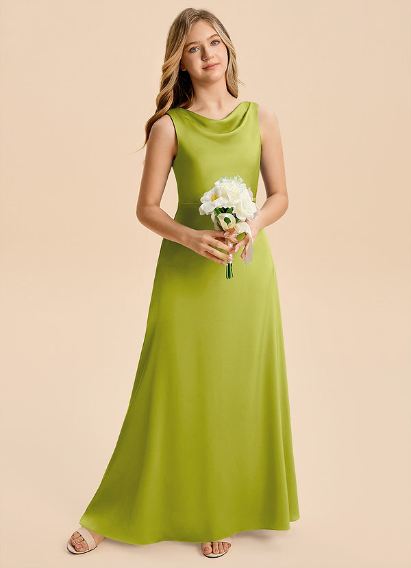 Azazie Kiki Junior Lemongrass A-Line Bow Stretch Satin Dress image1