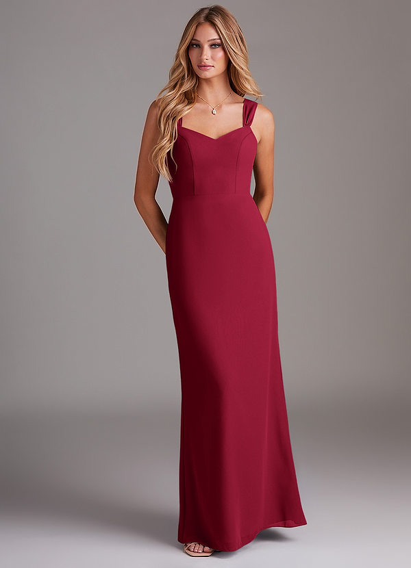 Azazie Denice Bridesmaid Dresses Burgundy Sheath Pleated Chiffon Dress image1