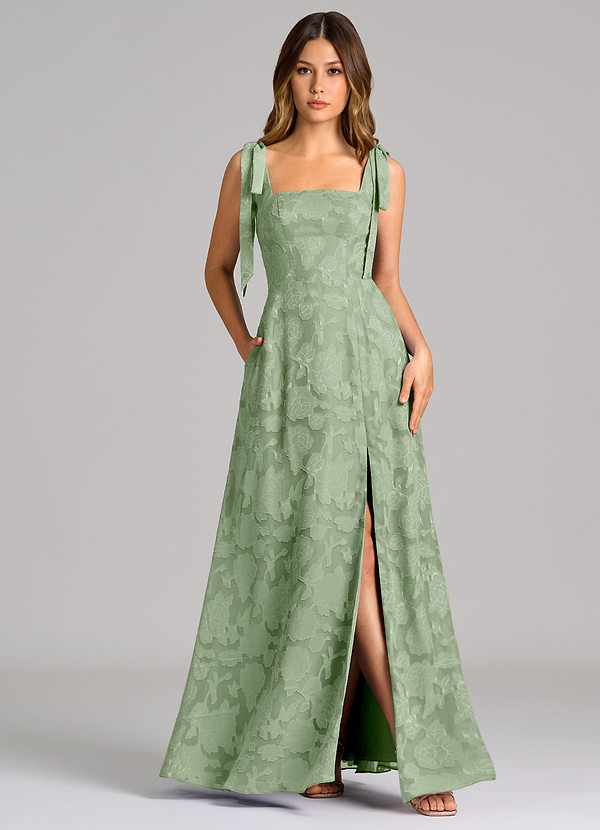 Azazie Debra 신부 들러리 드레스 A라인 포켓이 있는 플로럴 번아웃 바닥 길이 드레스 image1