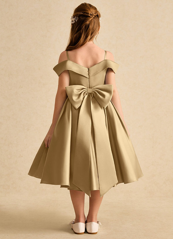 Azazie Favia Flower Girl Dresses Gold A-Line Off the Shoulder Matte Satin Dress image1