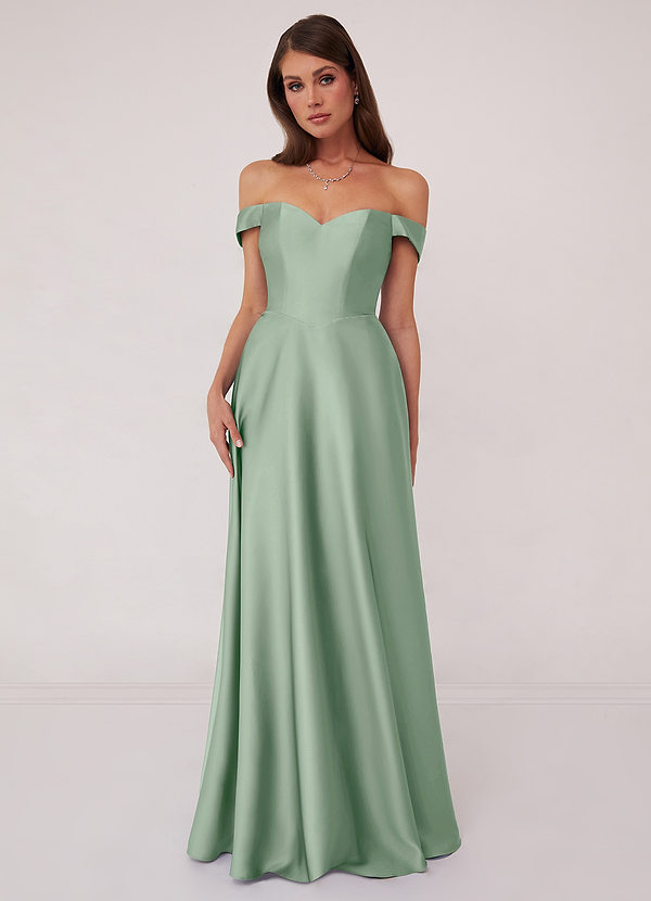 Barbie ♥ Azazie Bridesmaid Dresses Agave A-Line Off the Shoulder Stretch Satin Convertible Dress image1