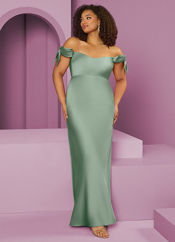 Barbie ♥ Azazie Bridesmaid Dresses Agave Sheath Off the Shoulder Stretch Satin Convertible Dress image1