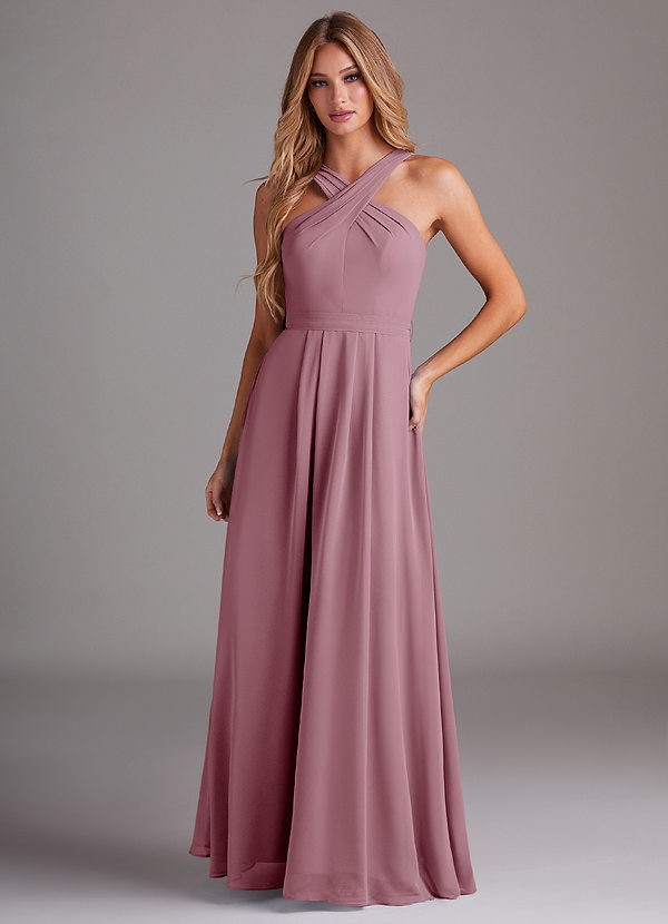 Azazie Dixie Bridesmaid Dresses Vintage Mauve A-Line Halter Pleated Chiffon Dress image1