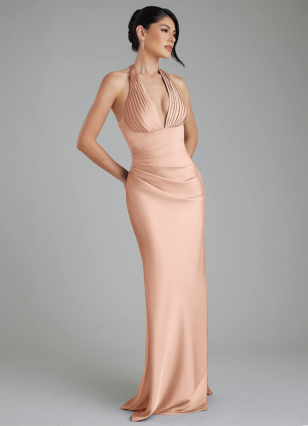 Azazie Torrance Robes de demoiselle d'honneur Robe Sirène en Satin extensible Corset Or Rose image1