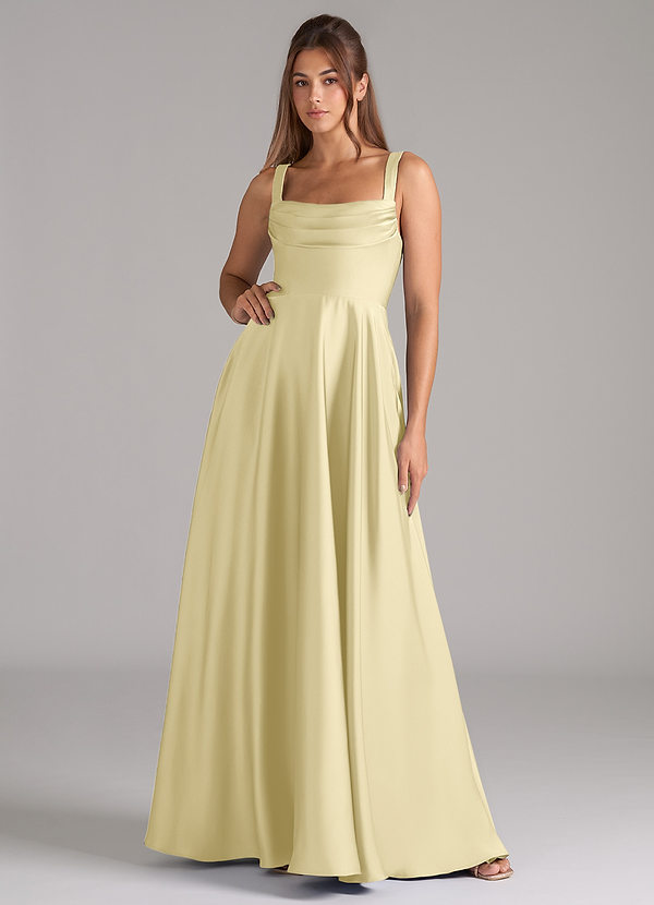 Azazie Shaude Robes Demoiselle d'honneur Robe Trapèze en Satin extensible Plissée Sorbet Citron image1