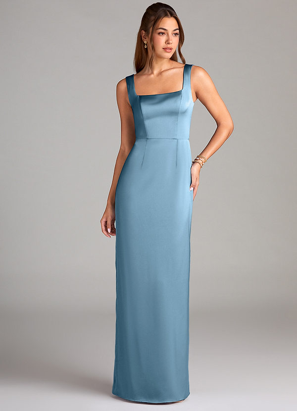 Azazie Flori Bridesmaid Dresses Steel Blue Sheath Side Slit Stretch Satin Dress image1