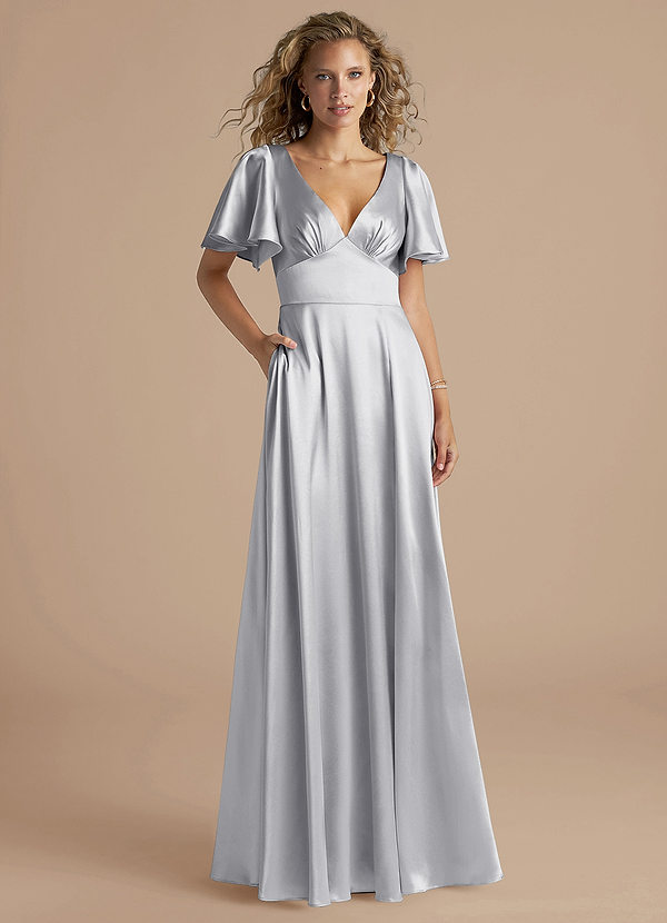 Azazie Kimber Bridesmaid Dresses Silver A-Line Ruched Metallic Satin Dress image1