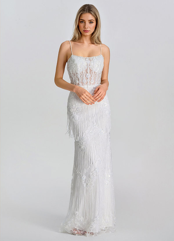 Vespera Weiß Meerjungfrauen-Maxikleid mit Spaghettiträgern, Perlenfransen und Spaghettiträgern image1