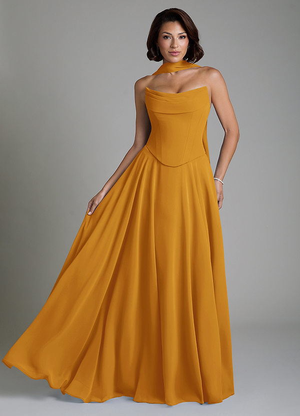 Azazie Ira Robes de demoiselle d'honneur Robe Trapèze en Mousseline de soie Corset Caramel écossais image1