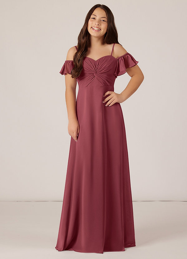 Azazie Juna Junior Robe Trapèze en Mousseline de soie Épaule décolletée Merlot image1