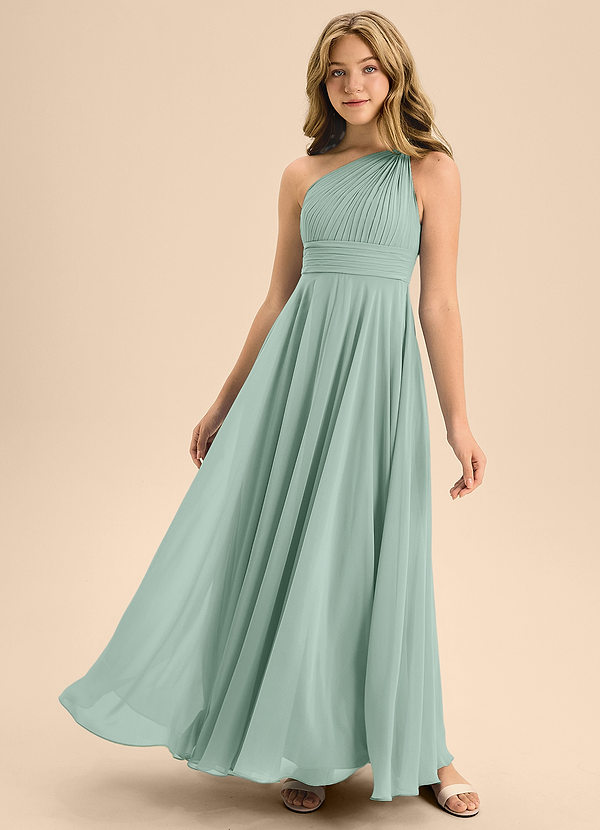 Azazie Charlize Junior Abito A-Line in Chiffon Plissettato Agave image1