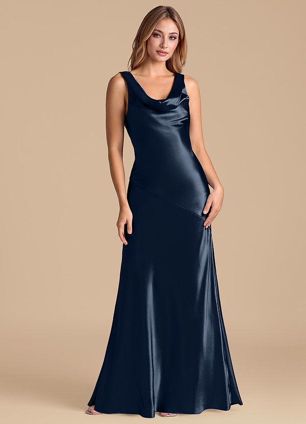 Azazie Rylina 신부 들러리 드레스 인어 메탈릭 새틴 바닥 길이 드레스 image1