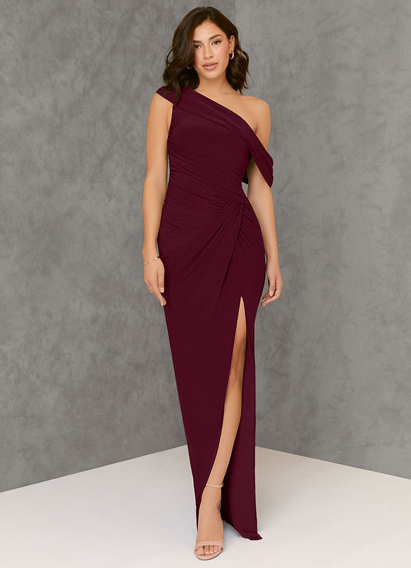 Azazie Rorie Bridesmaid Dresses Cabernet Sheath One Shoulder Luxe Knit Dress image1