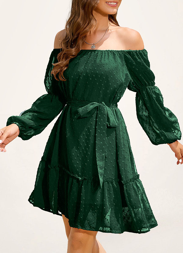 Dark Emerald Claiborne Dark Emerald Swiss Dot Long Sleeve Off The Shoulder Mini Dress Dresses