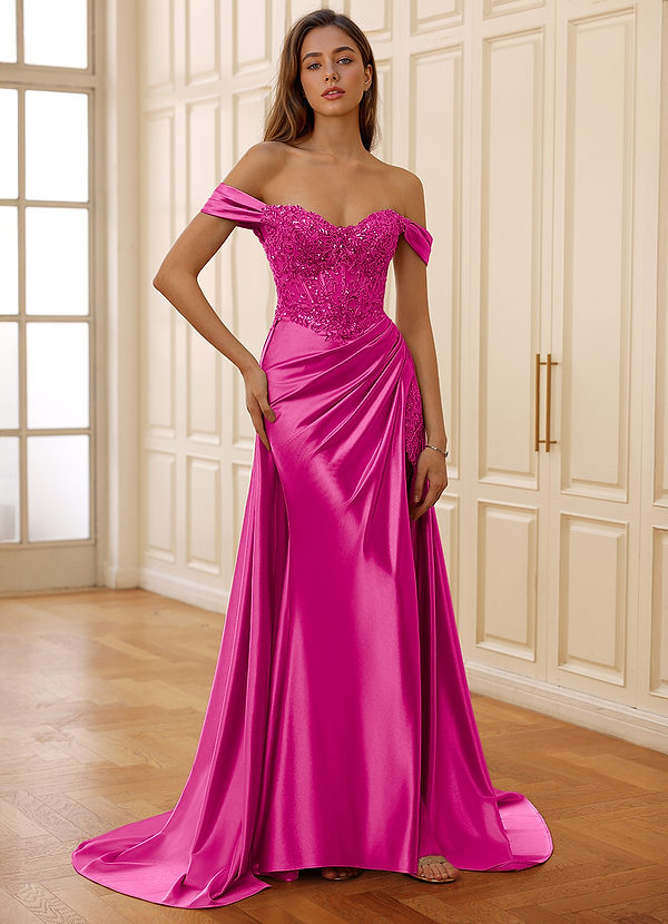 Rowane Magenta Corset Rhinestone Sheer Lace Prom Dress image1