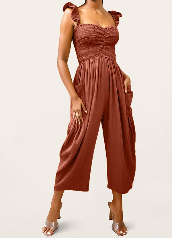 back Cool To Be Casual Brown Smocked Sleeveless Jogger Jumpsuit