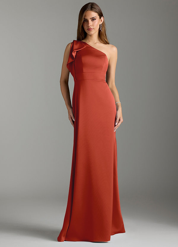 Azazie Rinna Bridesmaid Dresses Rust Mermaid Ruched Stretch Satin Dress image1