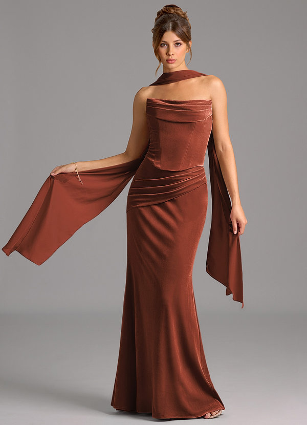 Azazie Sorrel Bridesmaid Dresses Terracotta Mermaid Corset Velvet Convertible Dress image1