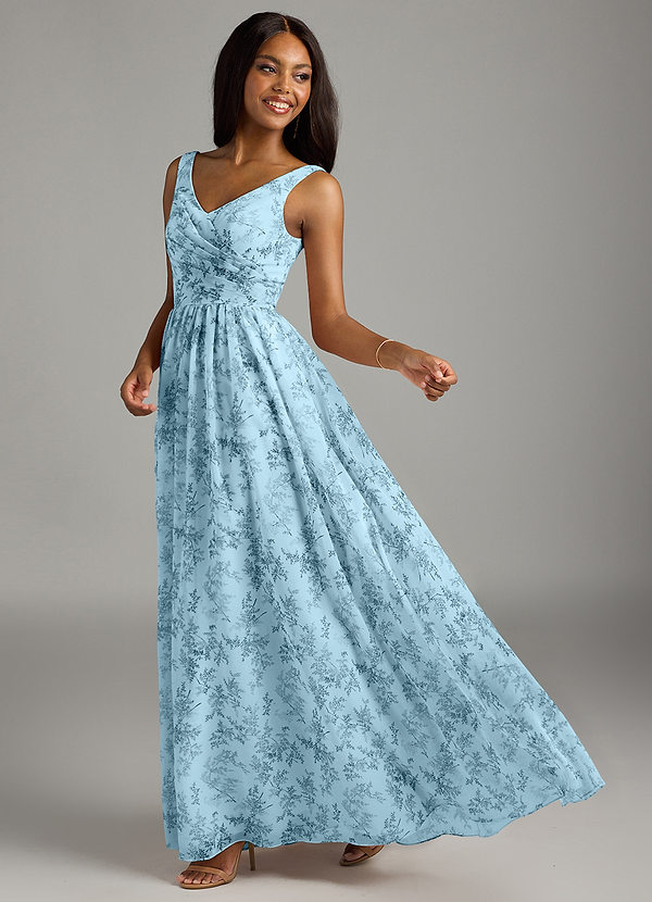 Azazie Keyla Bridesmaid Dresses Blue Fern Floral A-Line V-Neck Pleated Chiffon Dress image1