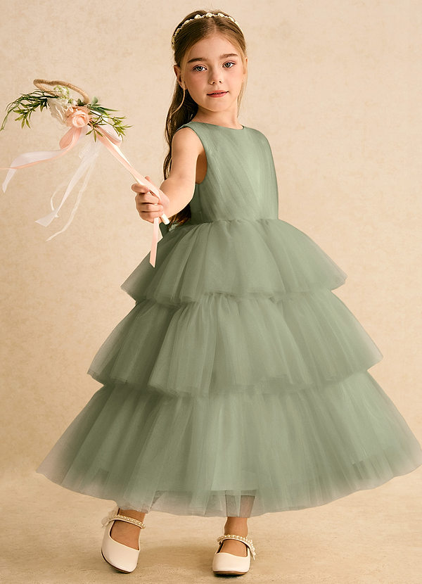 Azazie Marshmallow Abiti da Ragazza di Fiori Abito Principessa in Tulle Fiocco Pistacchio image1