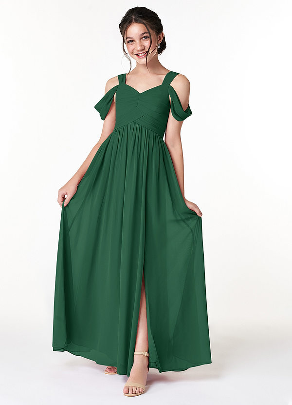 Azazie Lianne Junior Dark Green A-Line Off the Shoulder Chiffon Dress image1