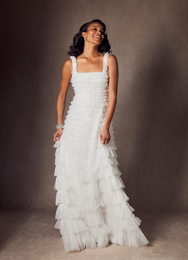 Azazie Zariah Wedding Dresses Diamond White A-Line Ruched Tulle Dress image1
