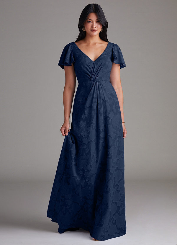 Azazie Soren Bridesmaid Dresses Robe A-ligne en Blumen-Burnout Plissée Bleu Marine Foncé image1