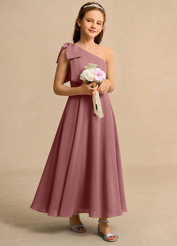 Azazie Guppy Junior Formal Vestidos de Niña de Flores Vestido de Rosa Del Desierto de Gasa de Corte En A con Hombro unilateral image1