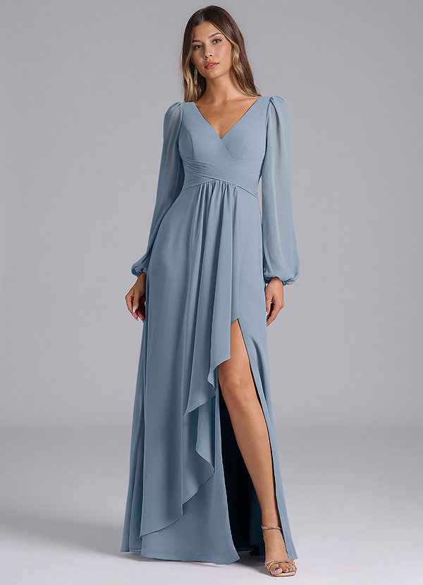 Azazie Liah Bridesmaid Dresses Dusty Blue A-Line Long Sleeve Chiffon Dress image1
