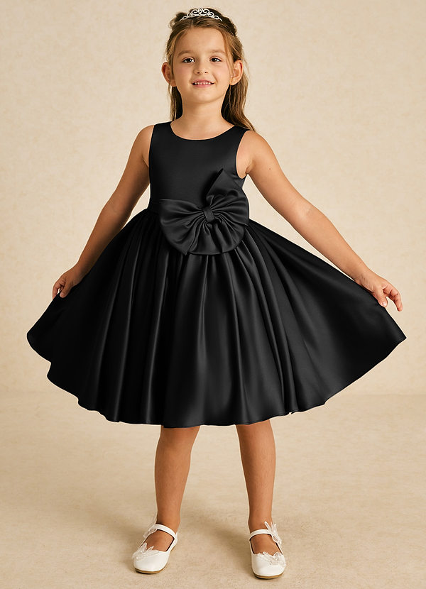 Azazie Apple Flower Girl Dresses Black A-Line Bow Matte Satin Dress image1