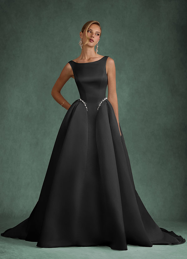 Azazie Odette Wedding Dresses Black Ball-Gown Boatneck Satin Dress image1