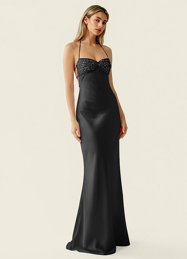 Valerianaire Black Beading Satin Prom Dress image1