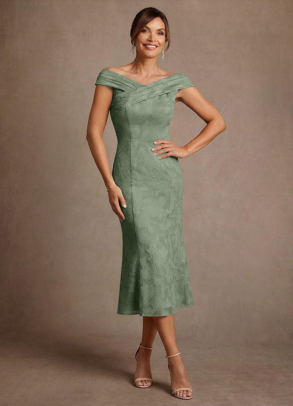 Azazie Keith Mother of the Brides Dresses Matcha Sheath Pleated Floral Burnout Dress image1