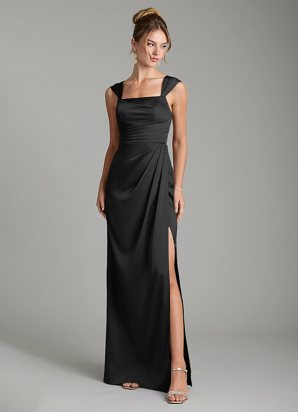 Azazie Filippa Bridesmaid Dresses Black A-Line Pleated Stretch Satin Dress image1